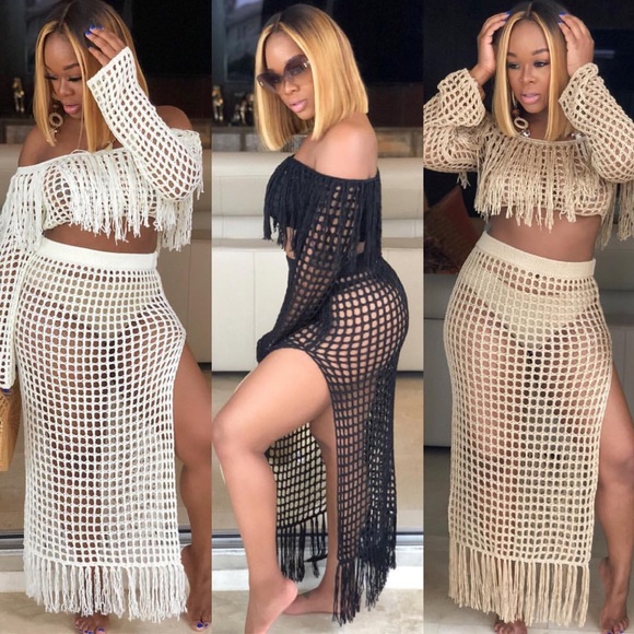 Beach Cover Up Crochet Fringes Maxi Skirt Set - Picture 5 of 5